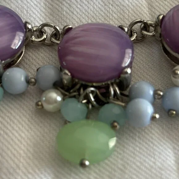 Pastel Cat Eye Statement Necklace Lavender Cabochon Mint Blue Charms - Picture 2 of 7